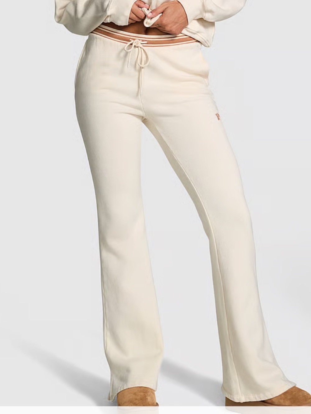 PINK Victoria's Secret Campus Fleece Split Hem Flare Cream Sweatpants Size M